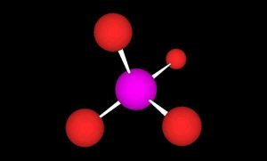 The structure of orthophosphate, with a central phosphorus atom (purple) and four oxygen atoms (red) arranged in a tetrahedron.
