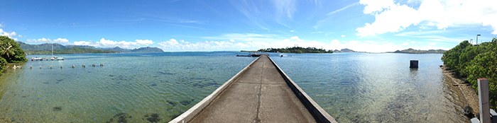 Water's edge/pier overlooking the Hawaii institute of marine biology on Coconut Island, in Kaneohe Bay.