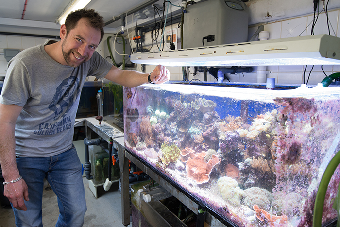 Jamie with a tank of various corals for use in the exhibits. Photo by Richard Aspinall.